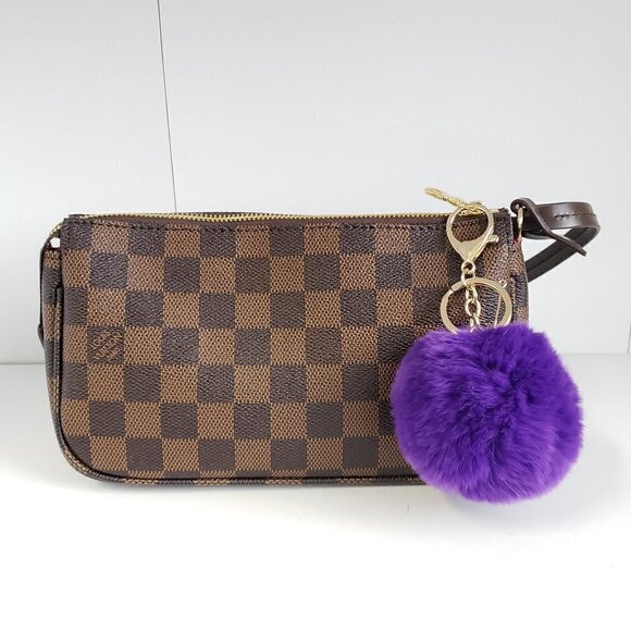 Genuine Rex Rabbit Fur PomPom Keychain Purse Charm Dark Purple - Picture 1 of 4